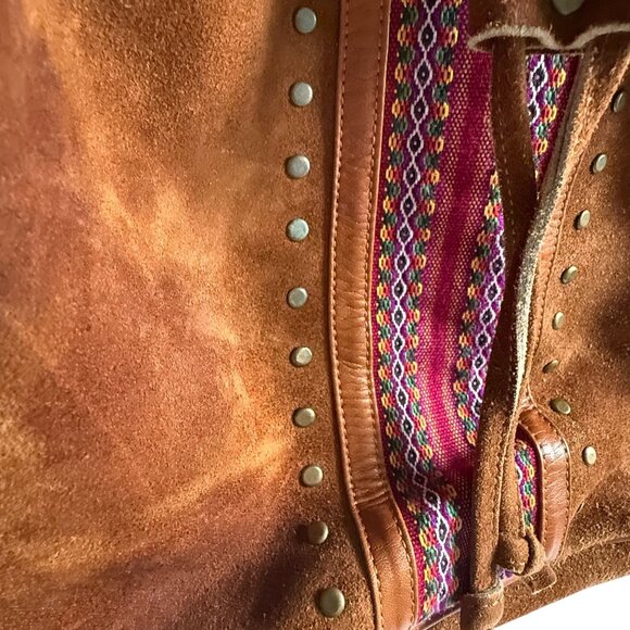 Leather Suede Faja Fabric Strap Shoulder Bag Brown Pink Bohemian Everyday - Picture 4 of 14